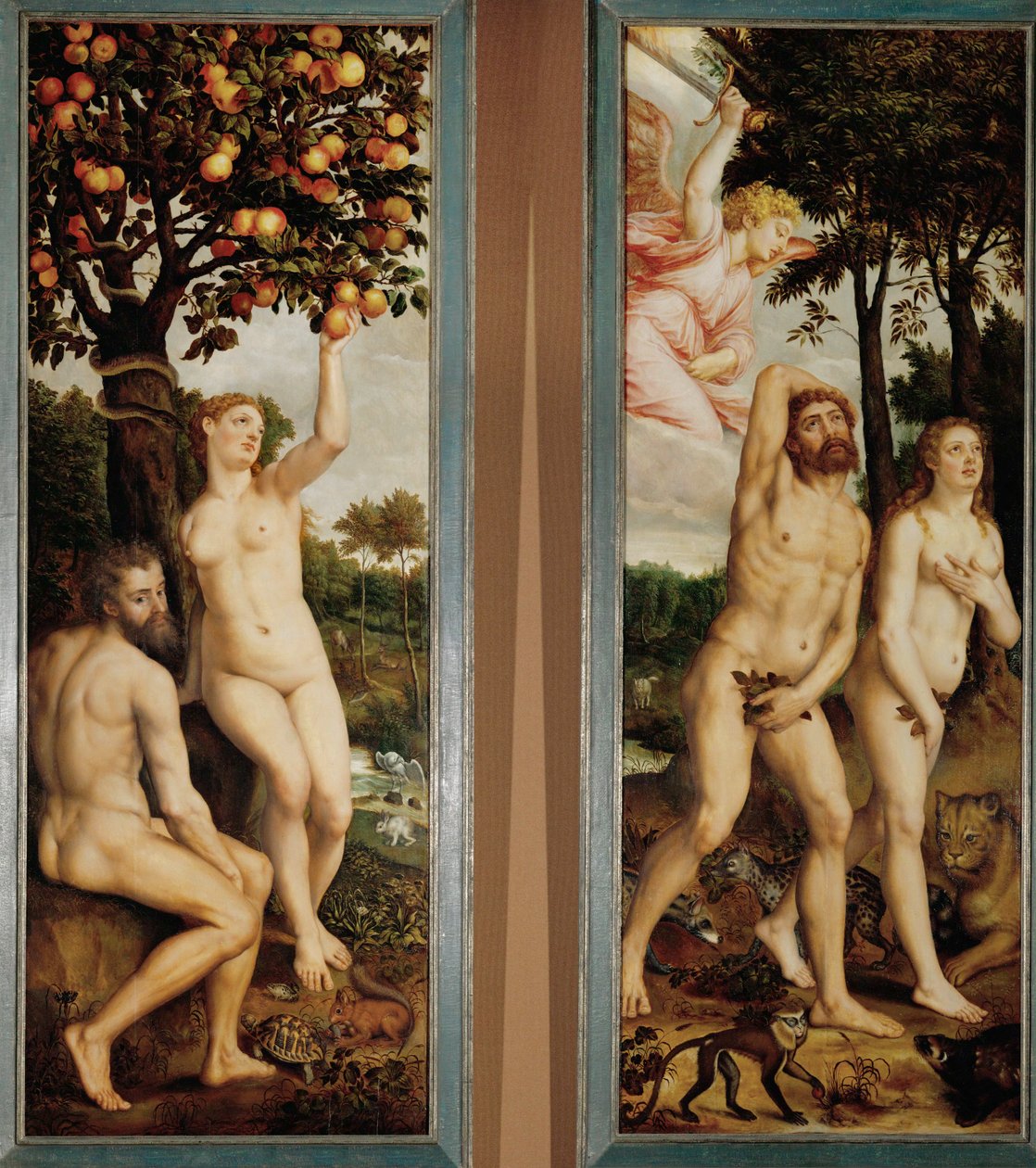 Pád a vyhnání z ráje Dvě křídla oltáře (malba na dubovém dřevě) od Michiel I Coxie or Coxcie