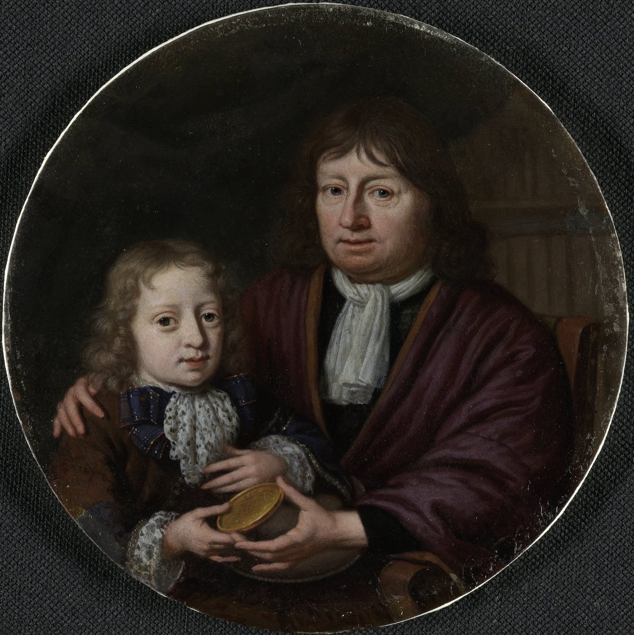 Dvojportrét Isaaca Pontana a Hendrika van Beeka Isaac Pontanus (1625-1710) dává svému vnukovi Hendrikovi van Beekovi zlatou medaili od Michiel van Musscher (signed by artist)