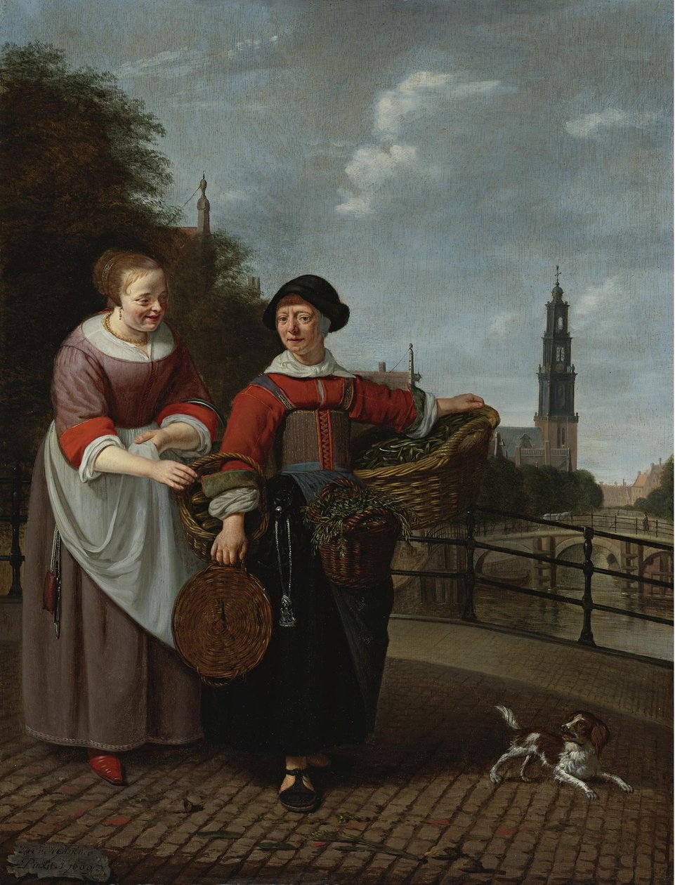 Prodavačka zeleniny a žena v domácnosti na Eenhoornsluis v Amsterdamu, v pozadí Westertoren od Michiel van Musscher