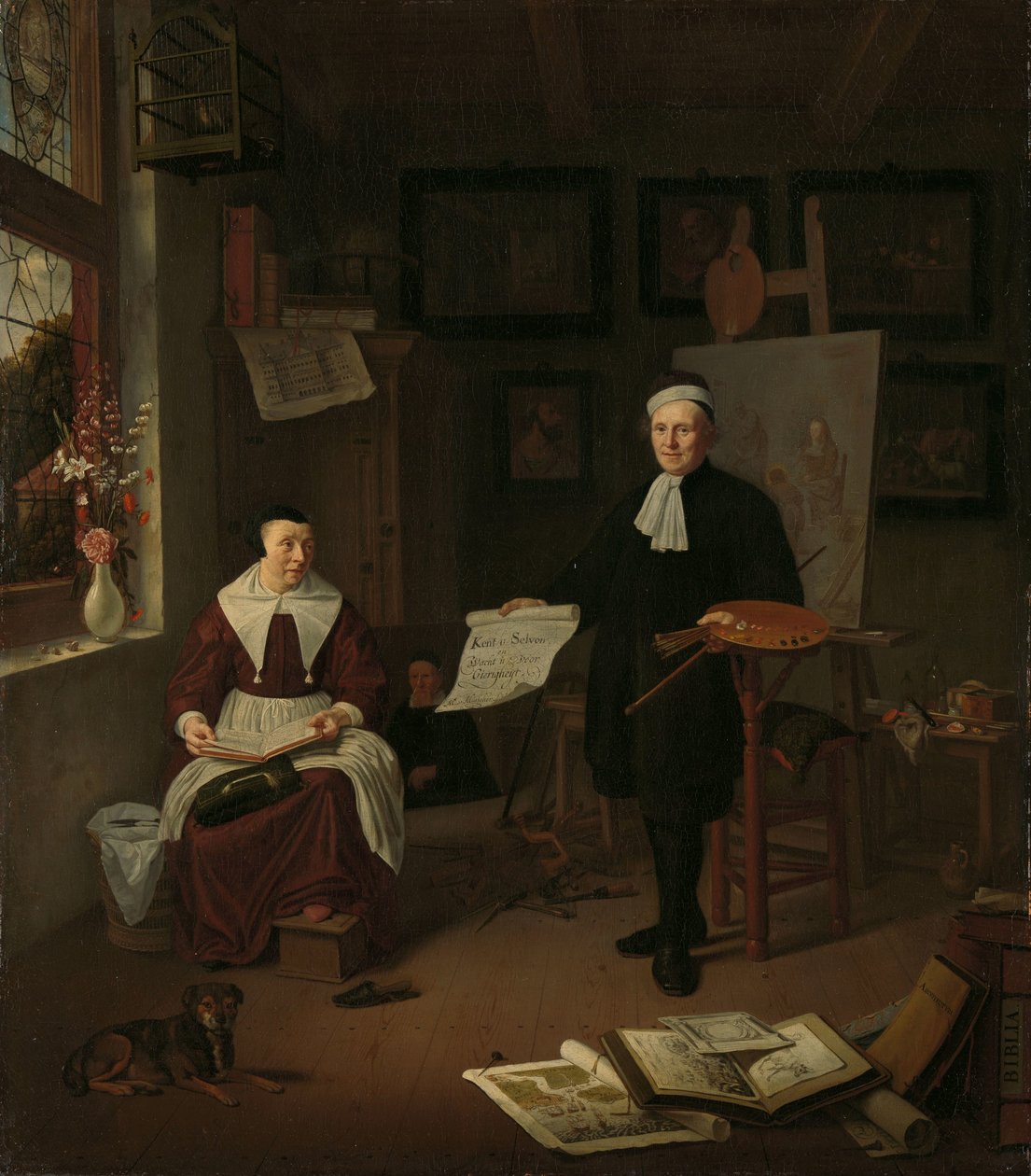 Portrét Michiela Comanse (1614-1687), kaligrafa, leptaře, malíře a učitele, se svou třetí manželkou Elisabeth van der Mersche od Michiel van Musscher