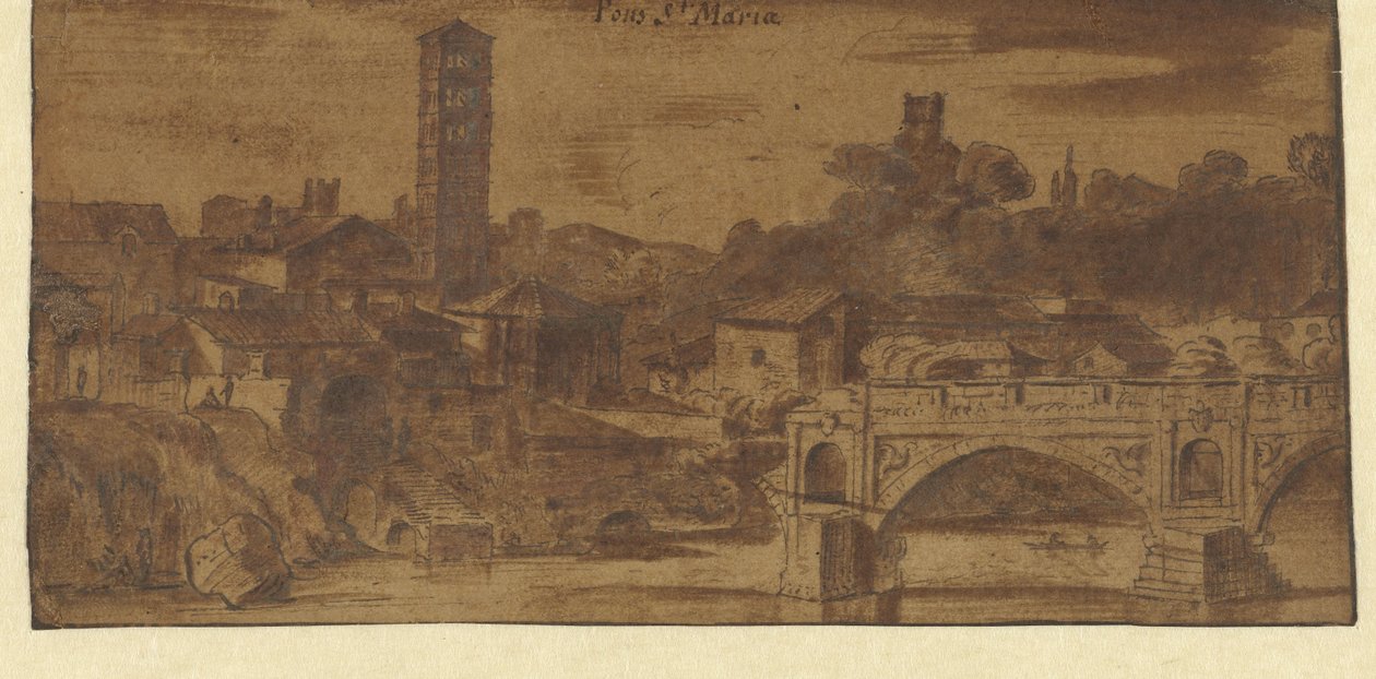 Pohled na S. Maria v Cosmedin, chrám Vesta a Ponte S. Maria v Římě od Michiel van Overbeek