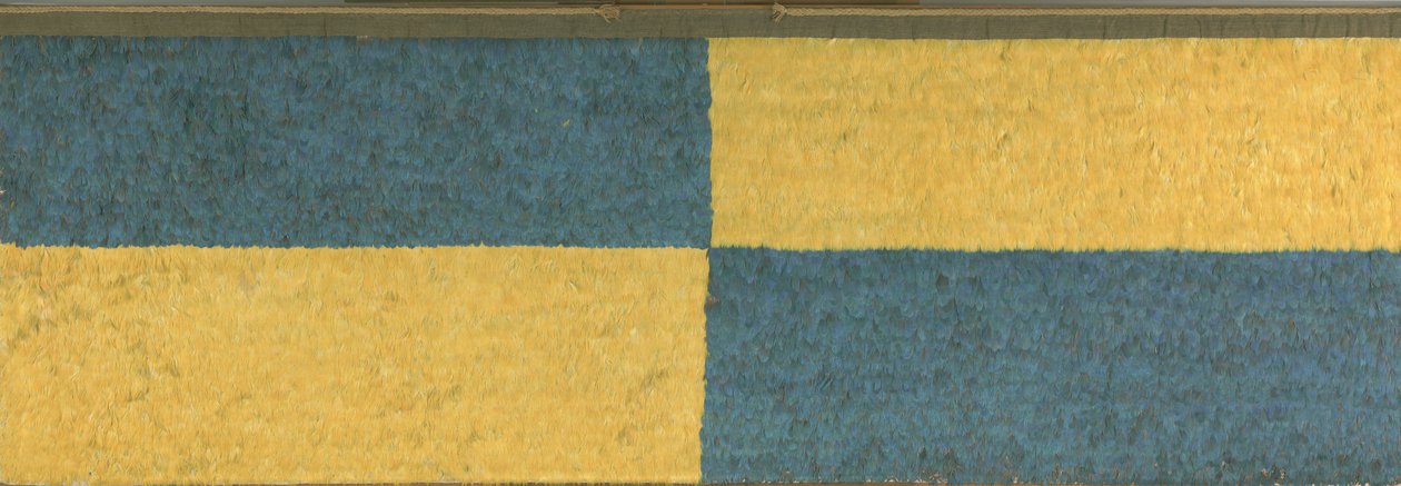 Panel s obdélníky z modrého a žlutého pera, c. A.D.650-850 (peří (modrý a zlatý papoušek), bavlněná tkanina a tkanina z velbloudího vlákna) od Middle Horizon Epoch 2A