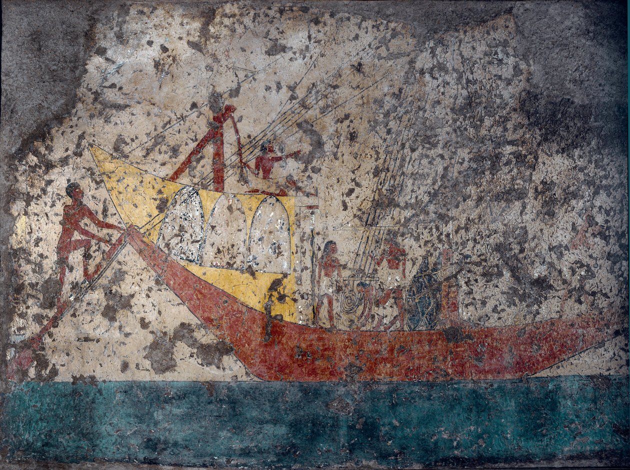 Egyptská antika: "" Egyptská vojenská loď "" Freska z hrobky. 2000 před naším letopočtem. Turín, Museo Egizio od Middle Kingdom Egyptian