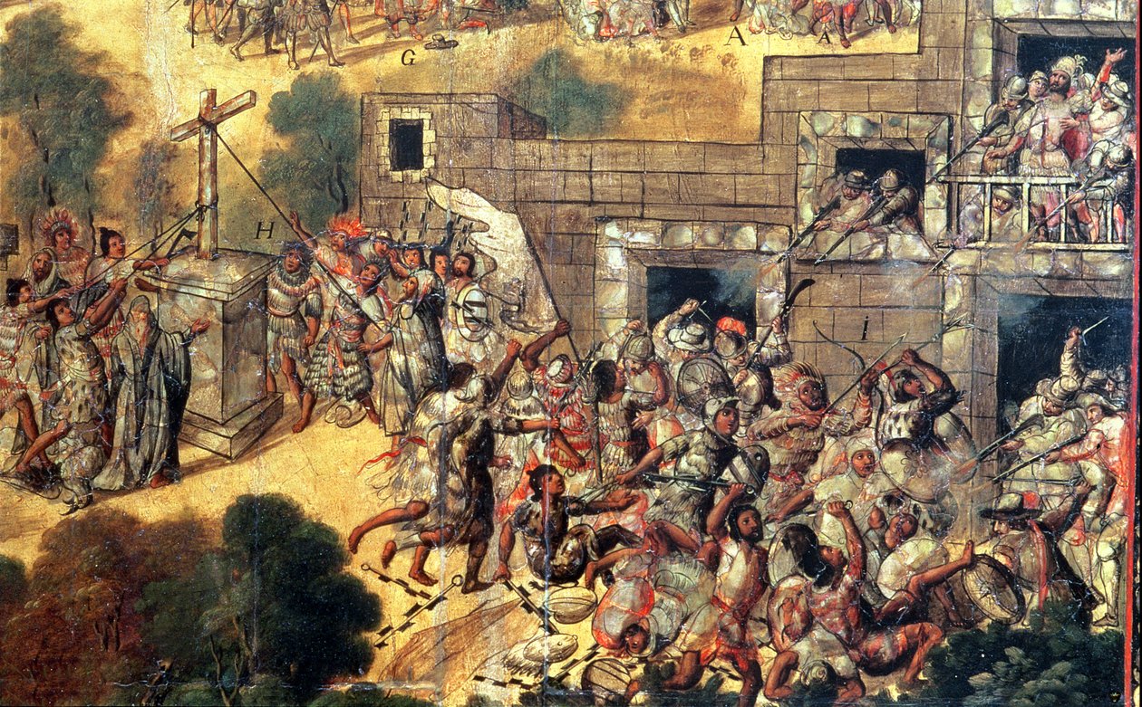 Detail pokusu strhnout kříž čelem k modlám a házení kamenů a střely šípy proti Montezumovi (1466-1520) 1698 (olej na panelu) od Miguel Gonzalez