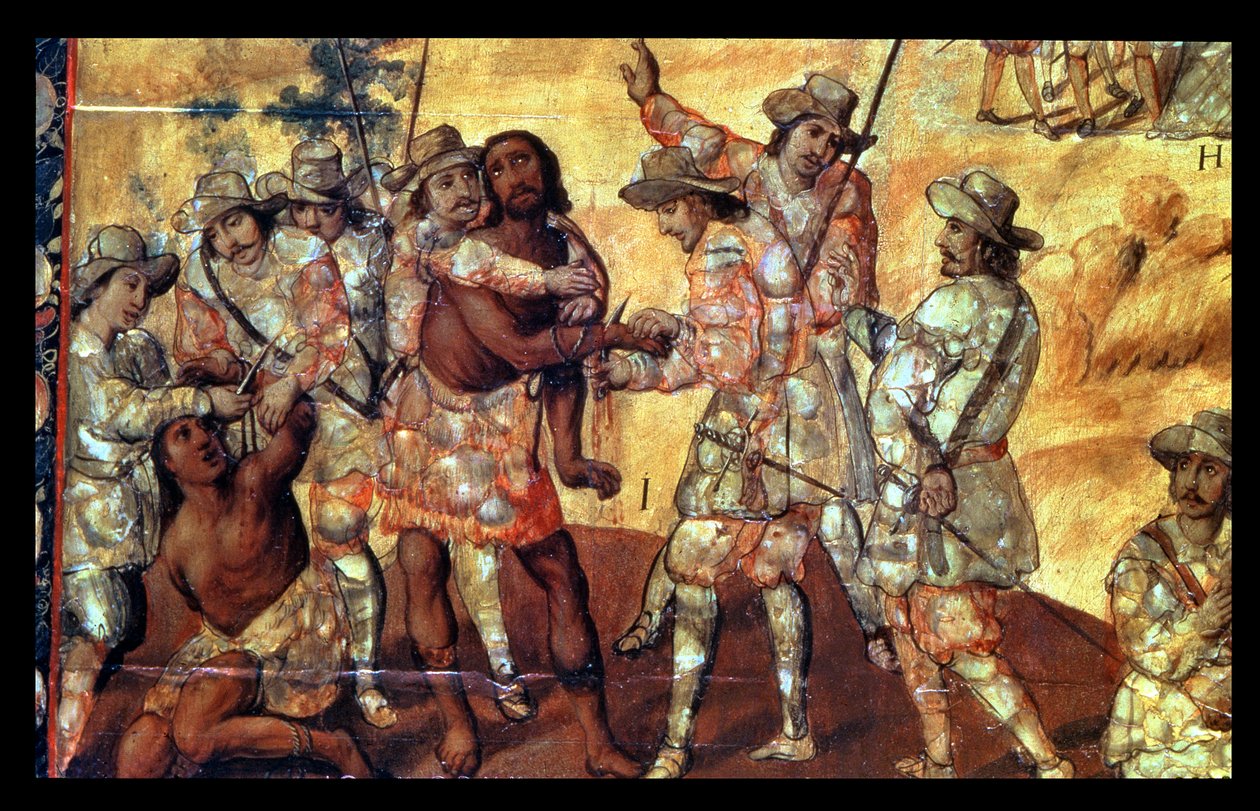 Detail dobyvatelů, kteří usekávají ruce dvěma špiónům z Xicotencatlu od Miguel Gonzalez