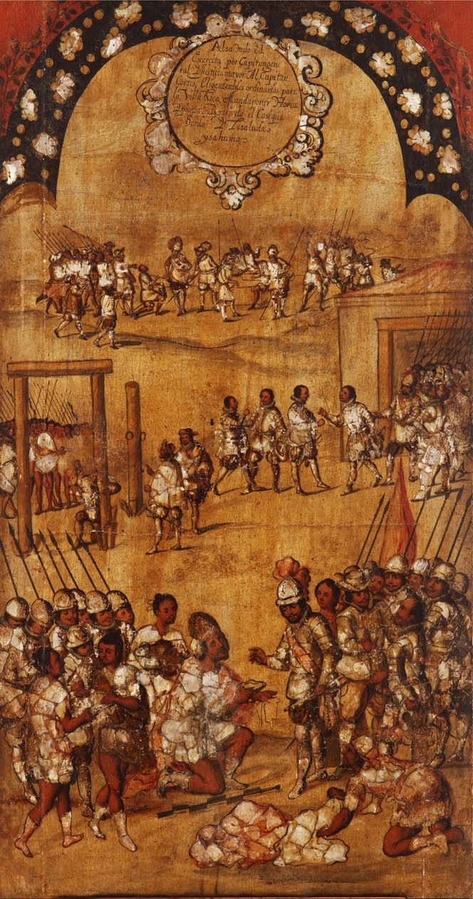 Dobytí Mexika, Panel III, cca 1696-1715 (malba na dřevo) od Miguel Gonzalez