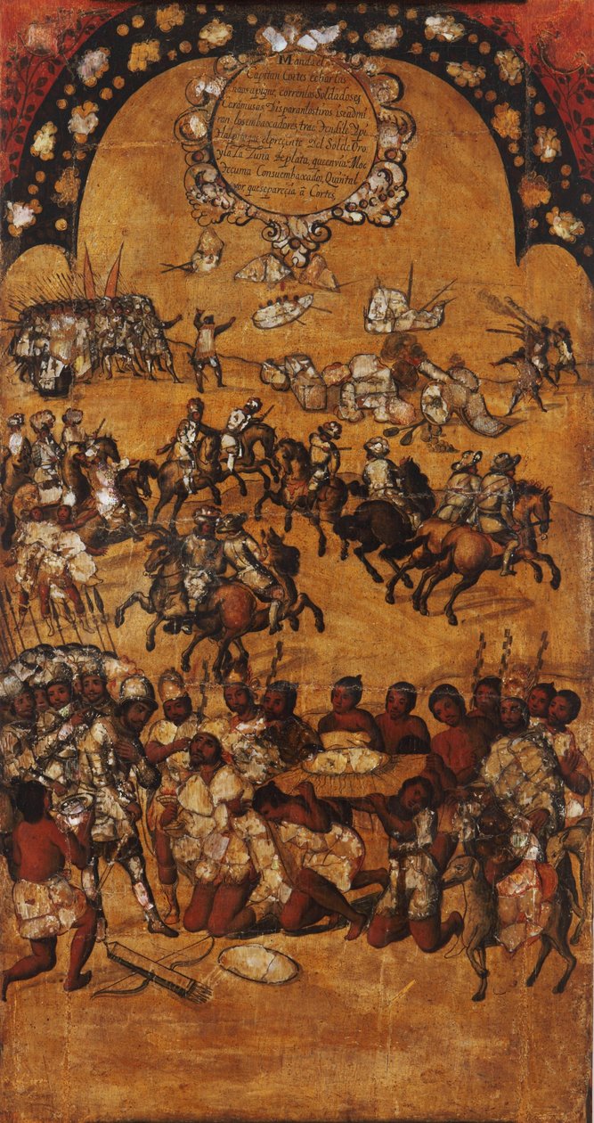 Dobytí Mexika, Panel II, cca 1696-1715 (malba na dřevo) od Miguel Gonzalez