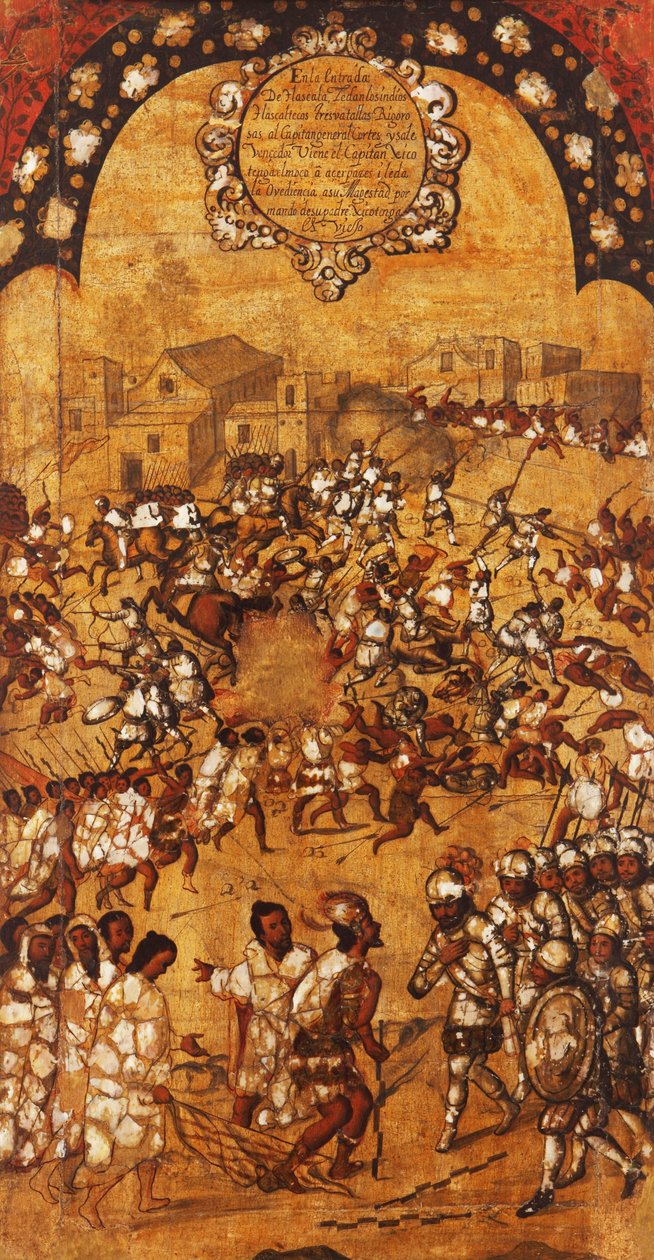Dobytí Mexika, Panel V, cca 1696-1715 (malba na dřevo) od Miguel Gonzalez