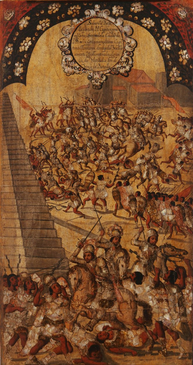 Dobytí Mexika, Panel XVI, cca 1696-1715 (malba na dřevo) od Miguel Gonzalez