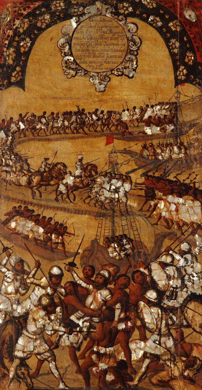 Dobytí Mexika, Panel XXI, cca 1696-1715 (malba na dřevo) od Miguel Gonzalez