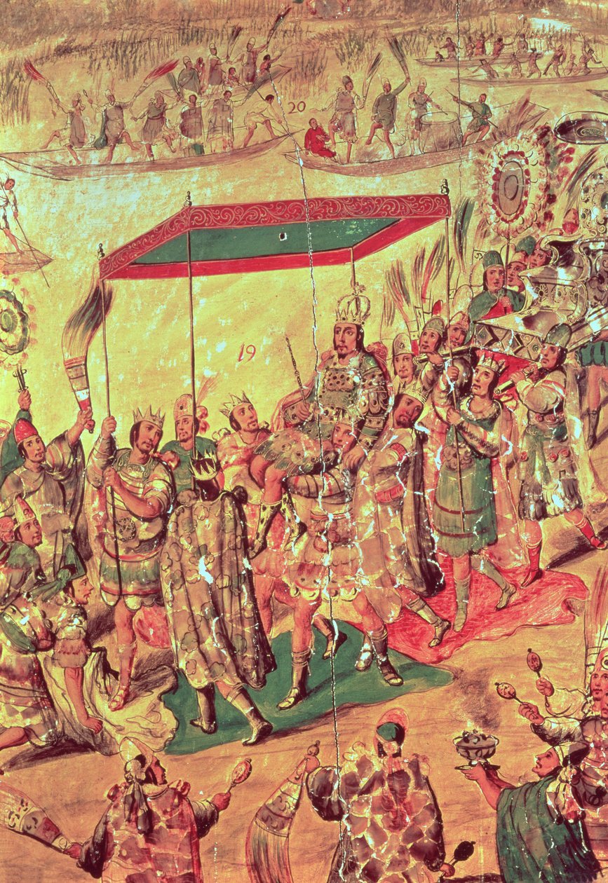 Vítání Montezumy (1466-1520) detail z malby zobrazující „Dobytí Mexika Hernando Cortesem (1485-1547) 1698 od Miguel Gonzalez