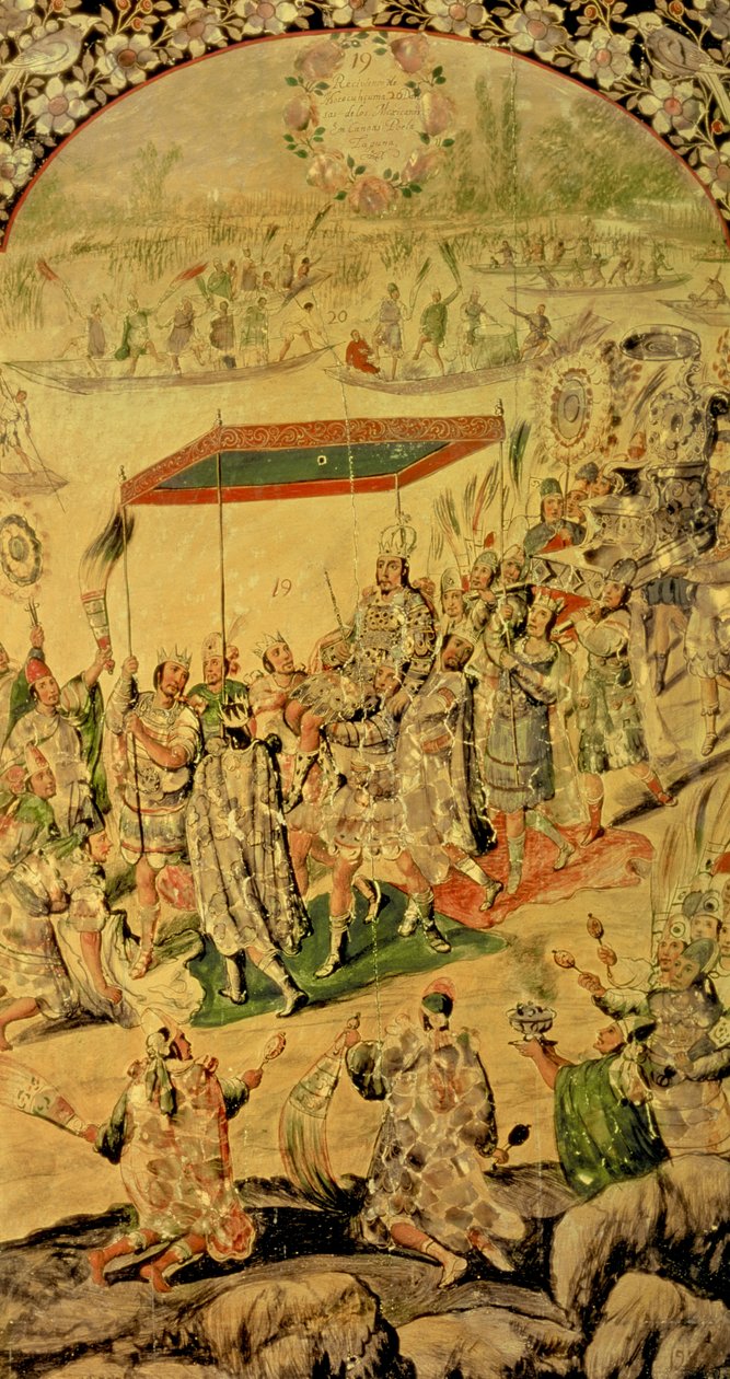 Jeden z dvojice panelů zobrazujících setkání Hernanda Cortese (1485-1547) a Montezumy (1466-1520): Montezuma a jeho následovníci, 1698 od Miguel and Juan Gonzalez