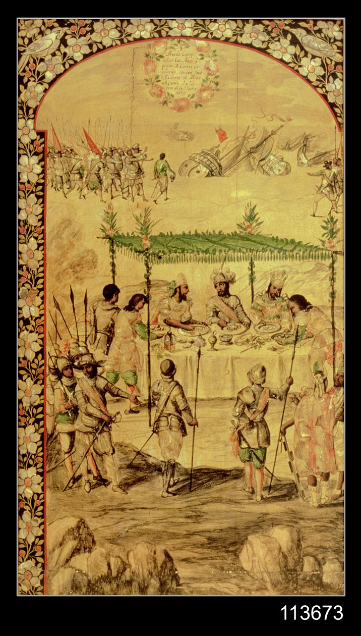 Dobytí Mexika: Hernando Cortes (1485-1547) nařizuje zničení lodí a setkává se s velvyslanci Montezumy (1466-1520) v roce 1520 od Miguel and Juan Gonzalez