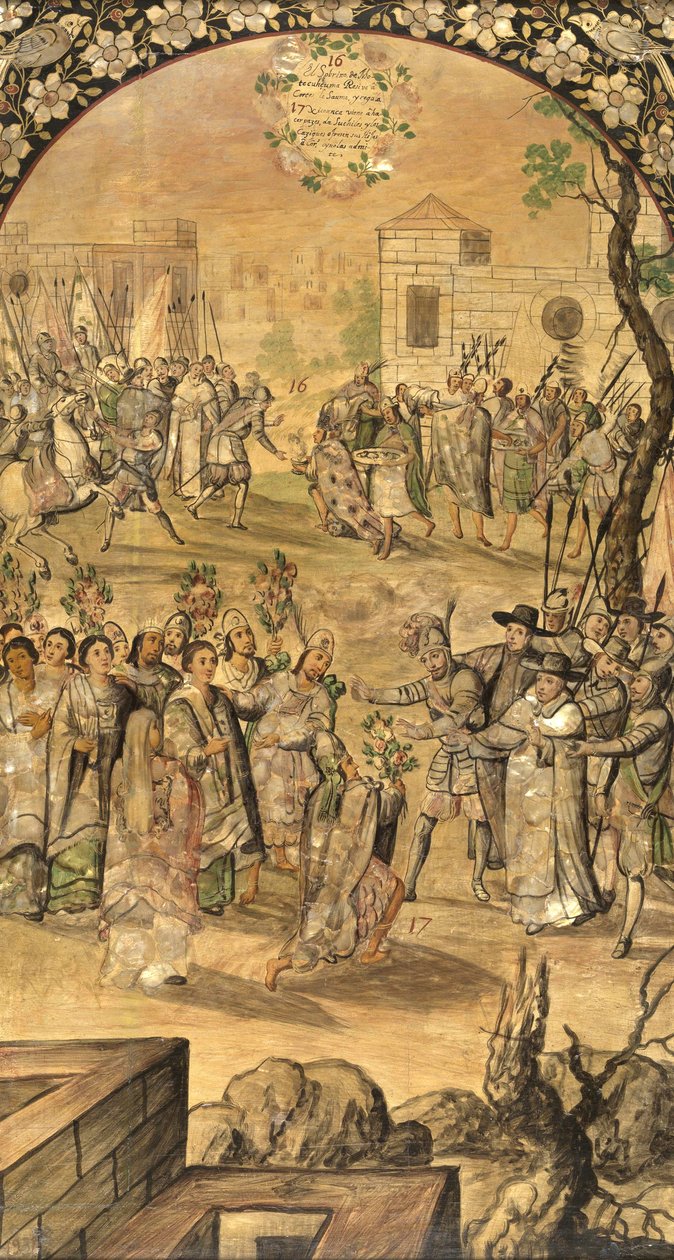 Dobytí Mexika Hernanem Cortesem par Gonzalezem, Miguelem a Juanem (aktivní konec 17. stol.). Olej na dřevě, rozměr: 97x53 od Miguel and Juan Gonzalez