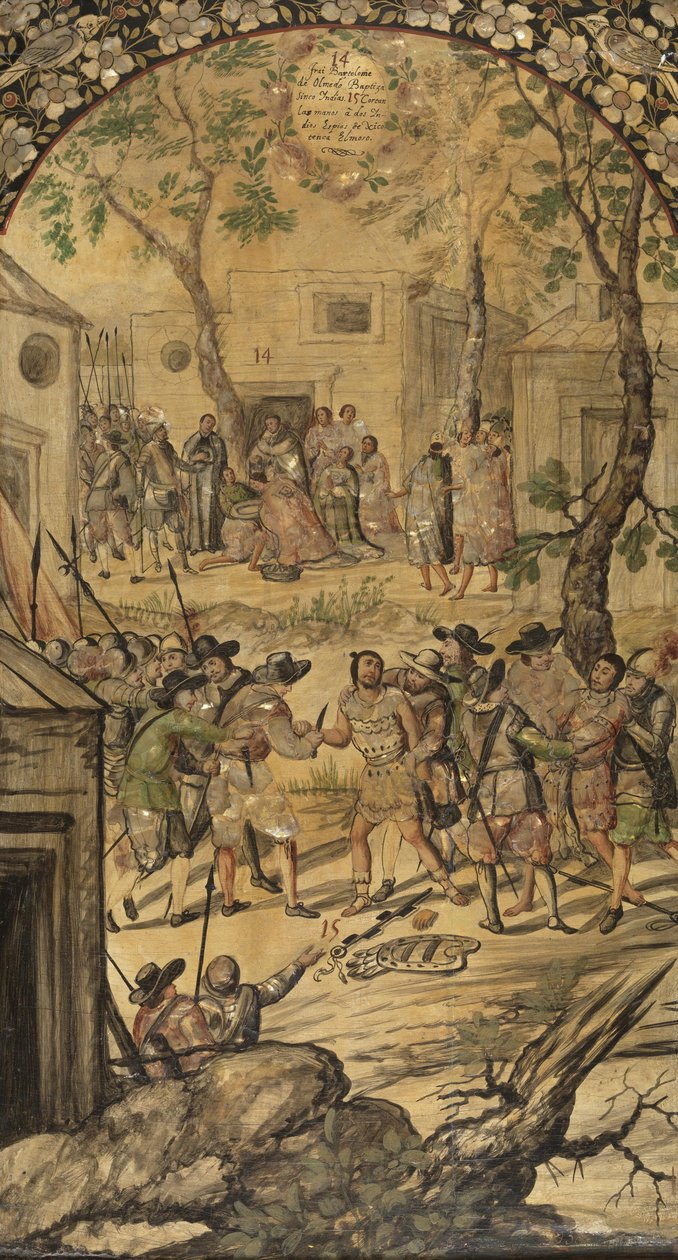 Dobytí Mexika Hernanem Cortesem par Gonzalezem, Miguelem a Juanem (aktivní konec 17. stol.). Olej na dřevě, rozměr: 97x53 od Miguel and Juan Gonzalez