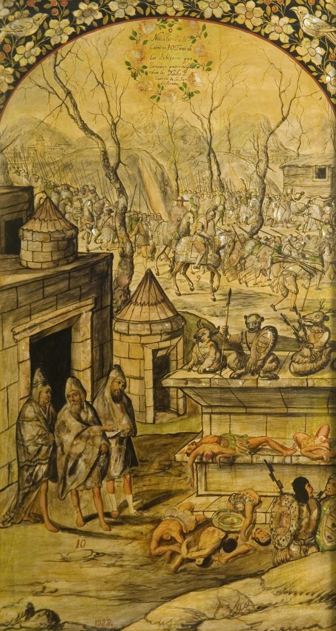 Dobytí Mexika Hernanem Cortesem par Gonzalezem, Miguelem a Juanem (aktivní konec 17. stol.). Olej na dřevě, rozměr: 97x53 od Miguel and Juan Gonzalez