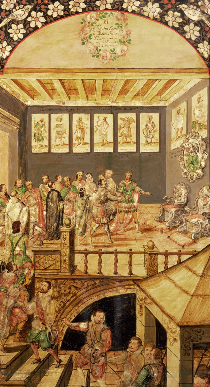 Dobytí Mexika: Návštěva Hernanda Cortese (1485-1547) v Montezumě (1466-1520) v letech 1520, 1698 od Miguel and Juan Gonzalez