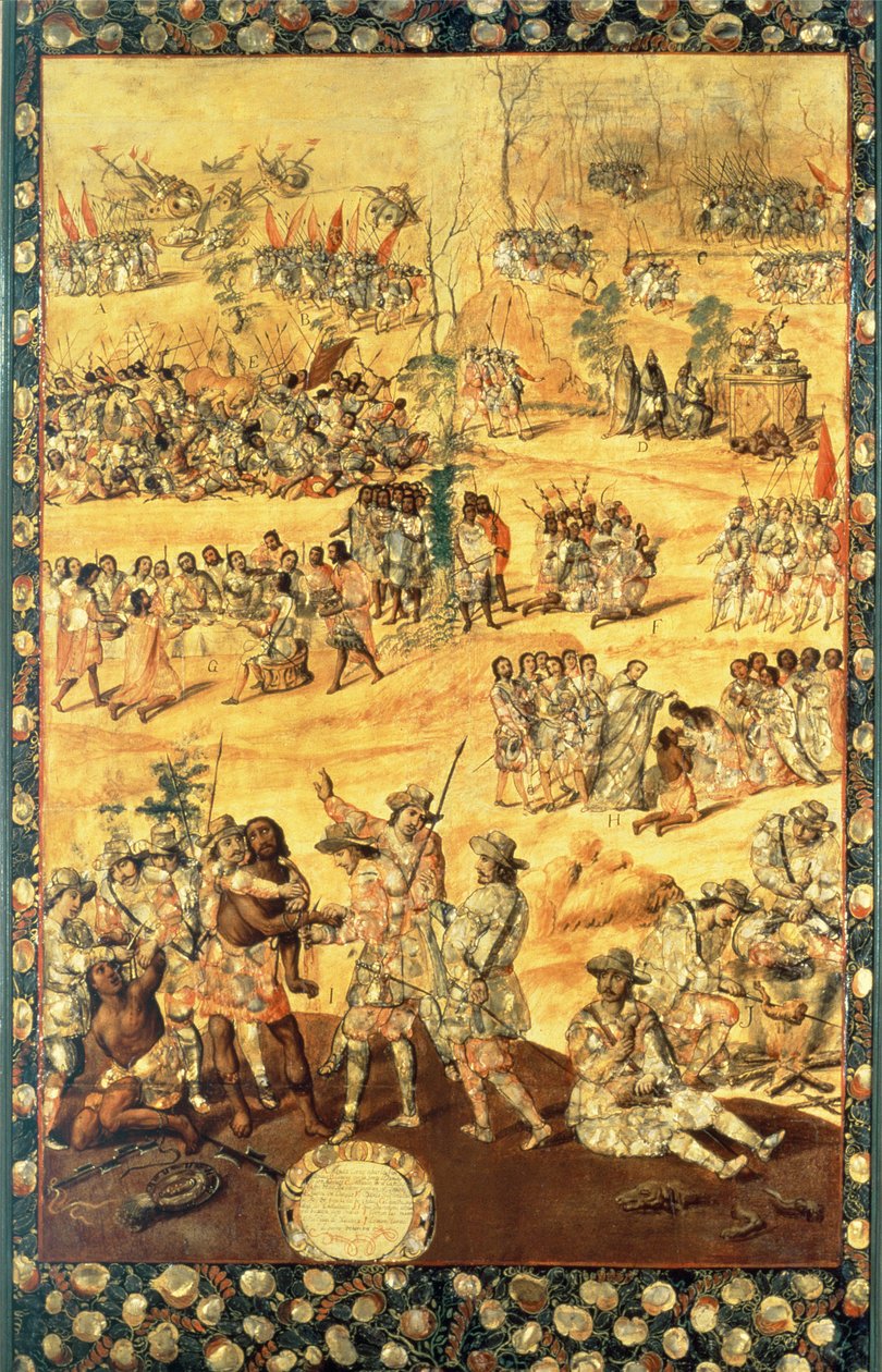 Setkání mezi Hernando Cortes (1485-1547) a Montezuma (1466-1520), panel z dobytí Mexika od Miguel and Juan Gonzalez