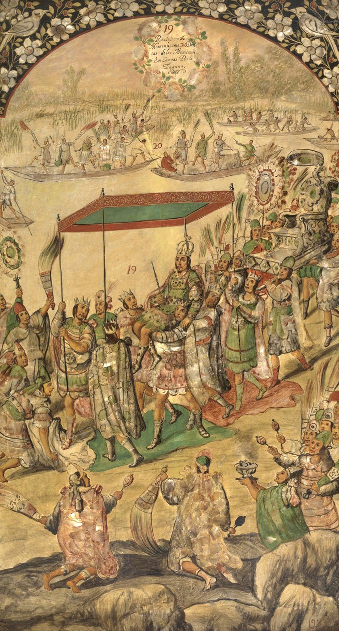 Uvítání Montezumy (Moctezuma, Moteuczoma, Motecuhzoma) (1466-1520) - Dobytí Mexika Hernanem Cortesem par Gonzalezem, Miguelem a Juanem (aktivní konec 17. stol.). Olej na dřevě, rozměr: 97x53 od Miguel and Juan Gonzalez