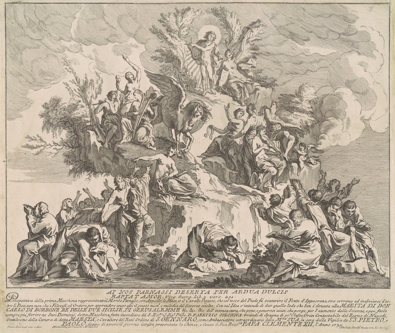 Prima Macchina pro Čínu z roku 1739: Hora Parnass s Apollónem, Múzami a Pegasem od Miguel de Sorellò, after Pierre Parrocel, after Michelangelo Specchi
