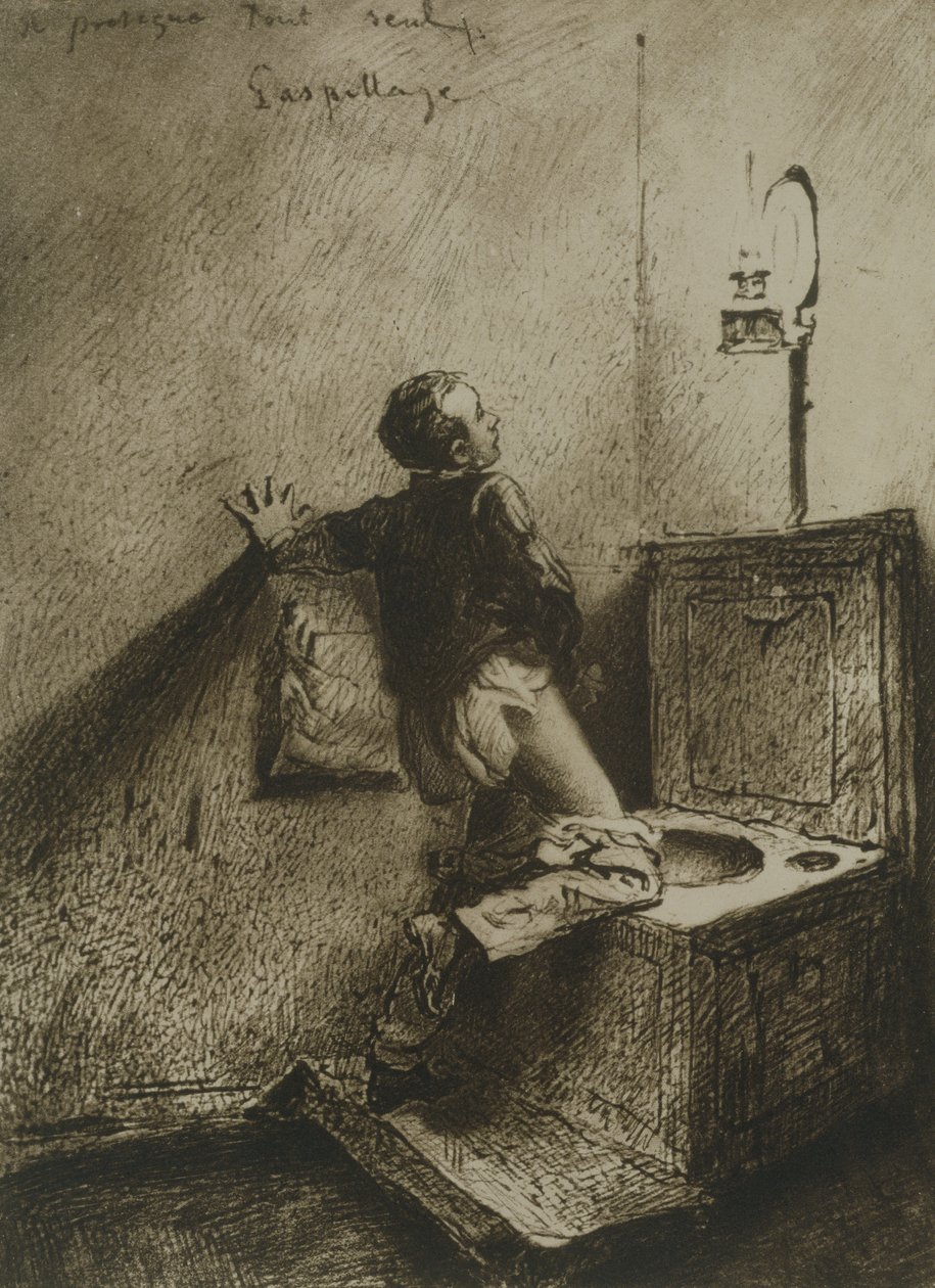Chlapec masturbující na záchodě, talíř 19 z hospody Liebe (Láska). 1901 v Lipsku (heliogravura) od Mihaly von Zichy