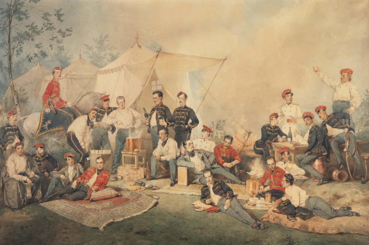 Hussars Carouse, 1873 (wc na papíře) od Mihaly von Zichy