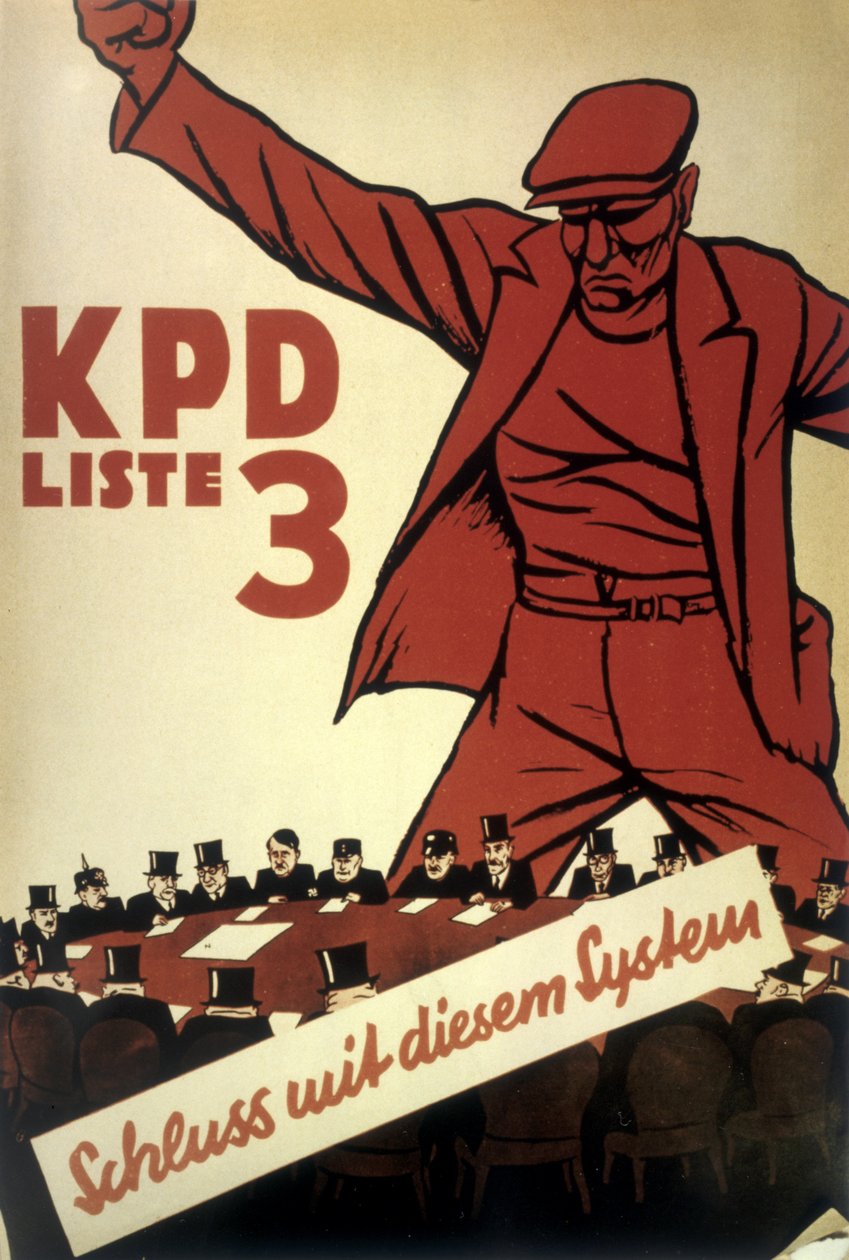 Plakát německé komunistické strany (KPD) "Pryč se systémem" vyrobený v době ostrého politického soupeření 1932 od Mihaly Biro