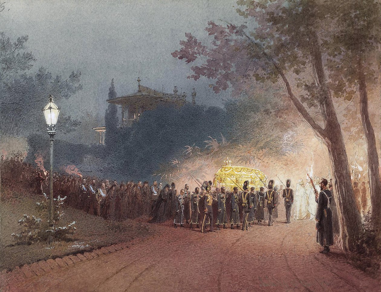 Přenášení rakve s tělem Alexandra III. z Malého paláce v Livadii, 1895 od Mihaly von Zichy