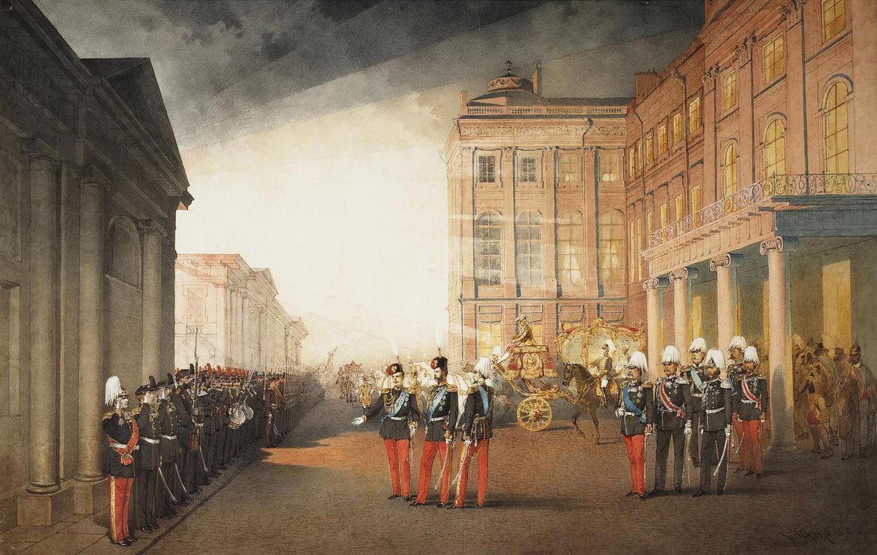 Průvod před Aničkovským palácem v Petrohradě, 1870 od Mihaly von Zichy