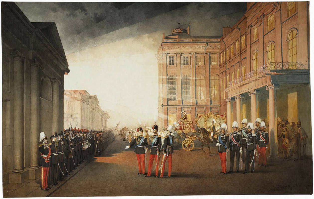 Průvod před Aničkovským palácem 26. února 1870 od Mihaly von Zichy