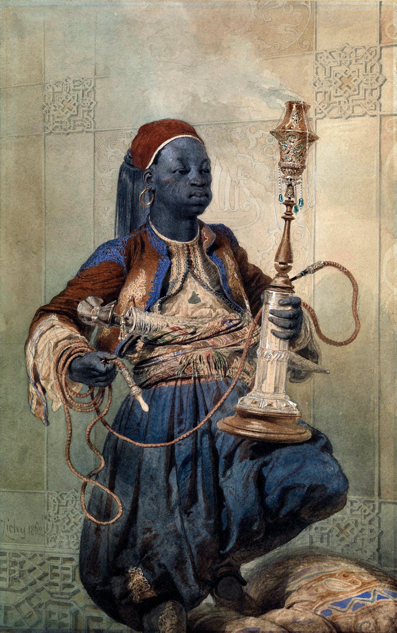 ""Portrait de nubien a la pipe a eau"" (Nubian with a Water Pipe) Akvarel od Mihaly Zichy (1827-1906) 1862 Rozměr 49,5x31 cm Soukromá sbírka od Mihaly von Zichy