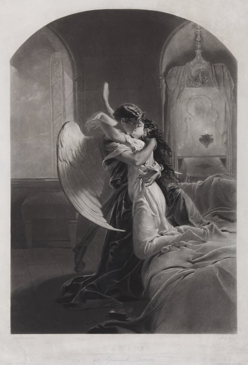 Tamara a démon. Ilustrace k básni Démon od Michaila Lermontova, c. 1880 od Mihaly von Zichy