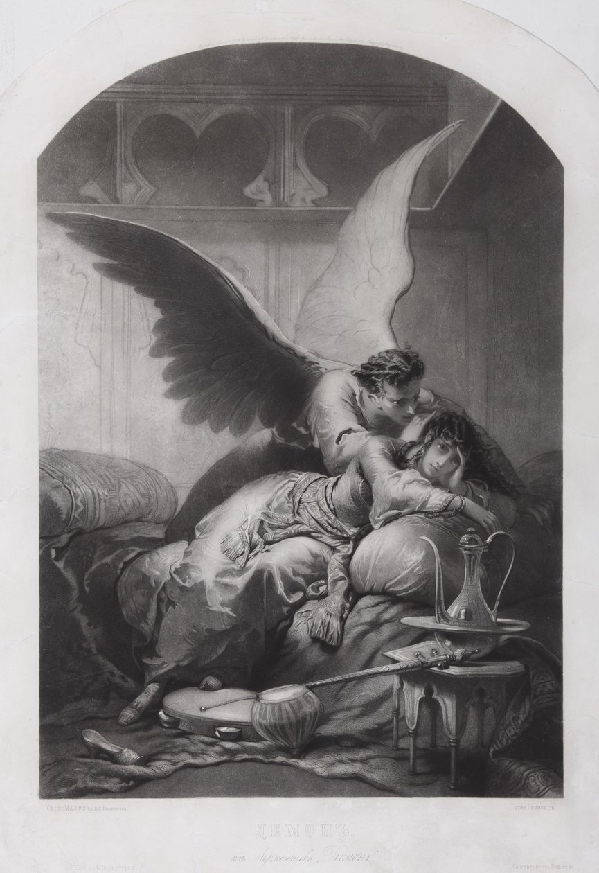 Tamara a démon. Ilustrace k básni Démon od Michaila Lermontova, c. 1880 od Mihaly von Zichy