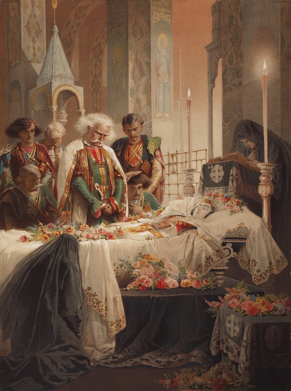 Tamara v rakvi. Ilustrace k básni Démon od Michaila Lermontova, c. 1880 od Mihaly von Zichy