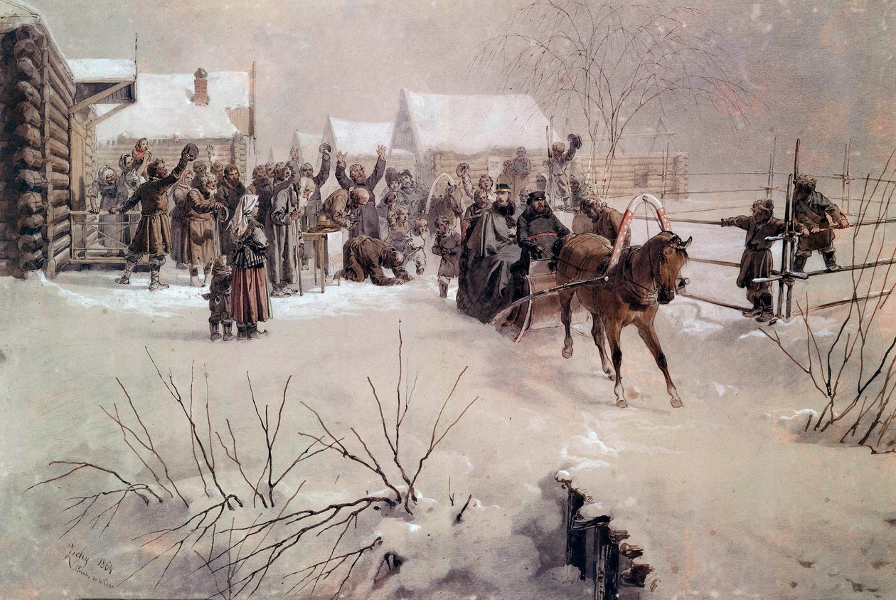 Car Alexander II (1818-1881) na saních křižuje vesnici pod sněhem Akvarel od Mihaly von Zichy (1827-1906) 19. století Petrohrad, Chateau de Peterhof od Mihaly von Zichy