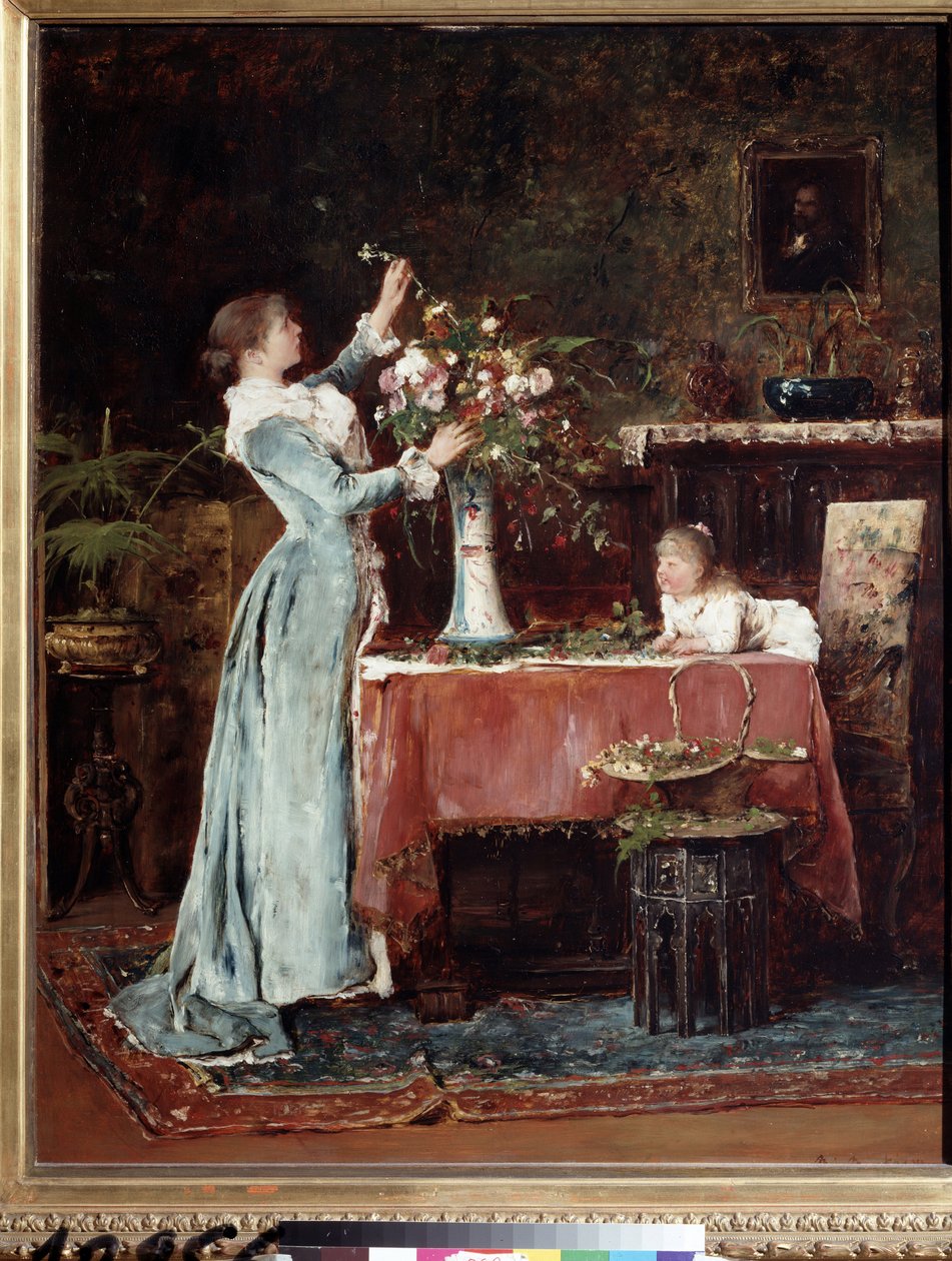 "La composition du bouquet"" (Skládání kytice) Žena ze střední třídy (Maďarská?) připravuje kytici květin, její dcera se na ni dívá. Obraz Mihaly Munkacsy (1844-1900) kolem roku 1880 Puškinovo muzeum, Moskva od Mihály Munkácsy