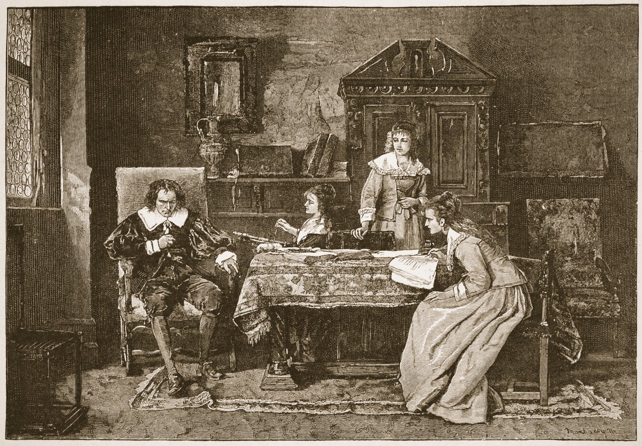 Milton diktuje ‚Paradise Lost‘, ilustrace z ‚The Church of England: A History for the People‘ od H.D.M. Spence-Jones, hospoda. c.1910 (sépiová fotografie) od Mihály Munkácsy
