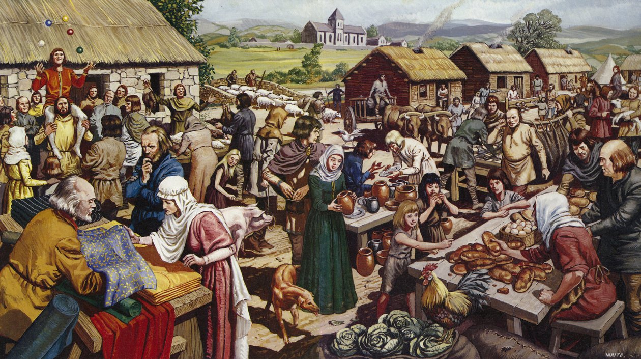 Saský vesnický jarmark (barevná litografie) od Mike (20th century) White