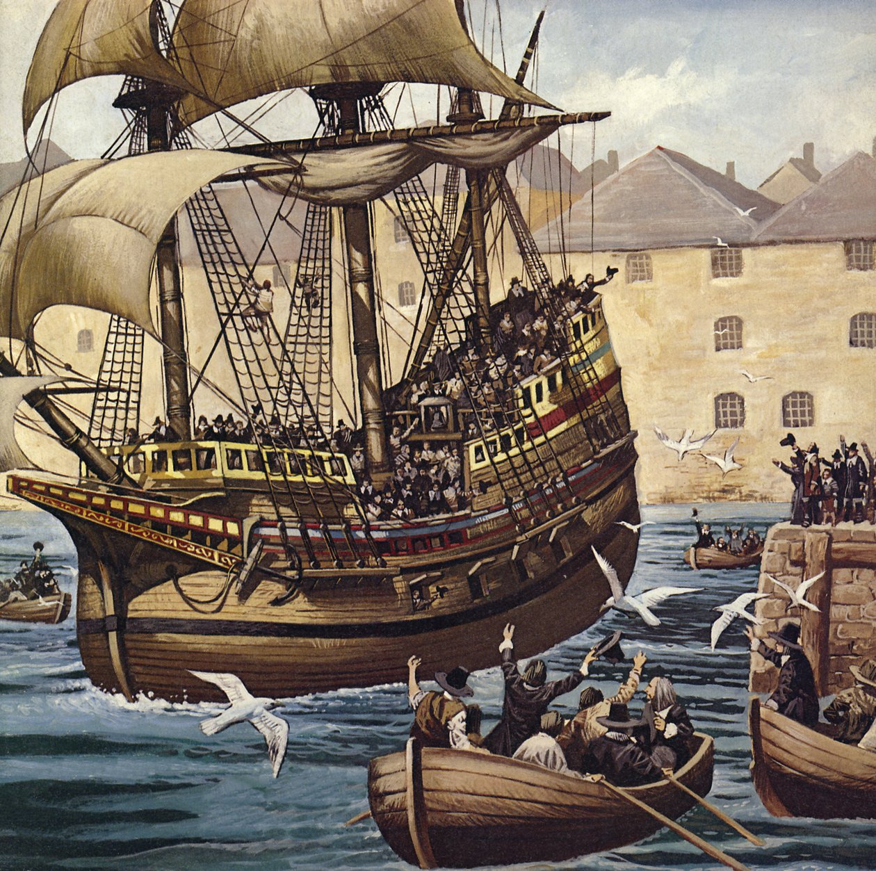 Westward Ho! Loď Mayflower opouští Plymouth Ho 16. září 1620 (barevná litografie) od Mike (20th century) White