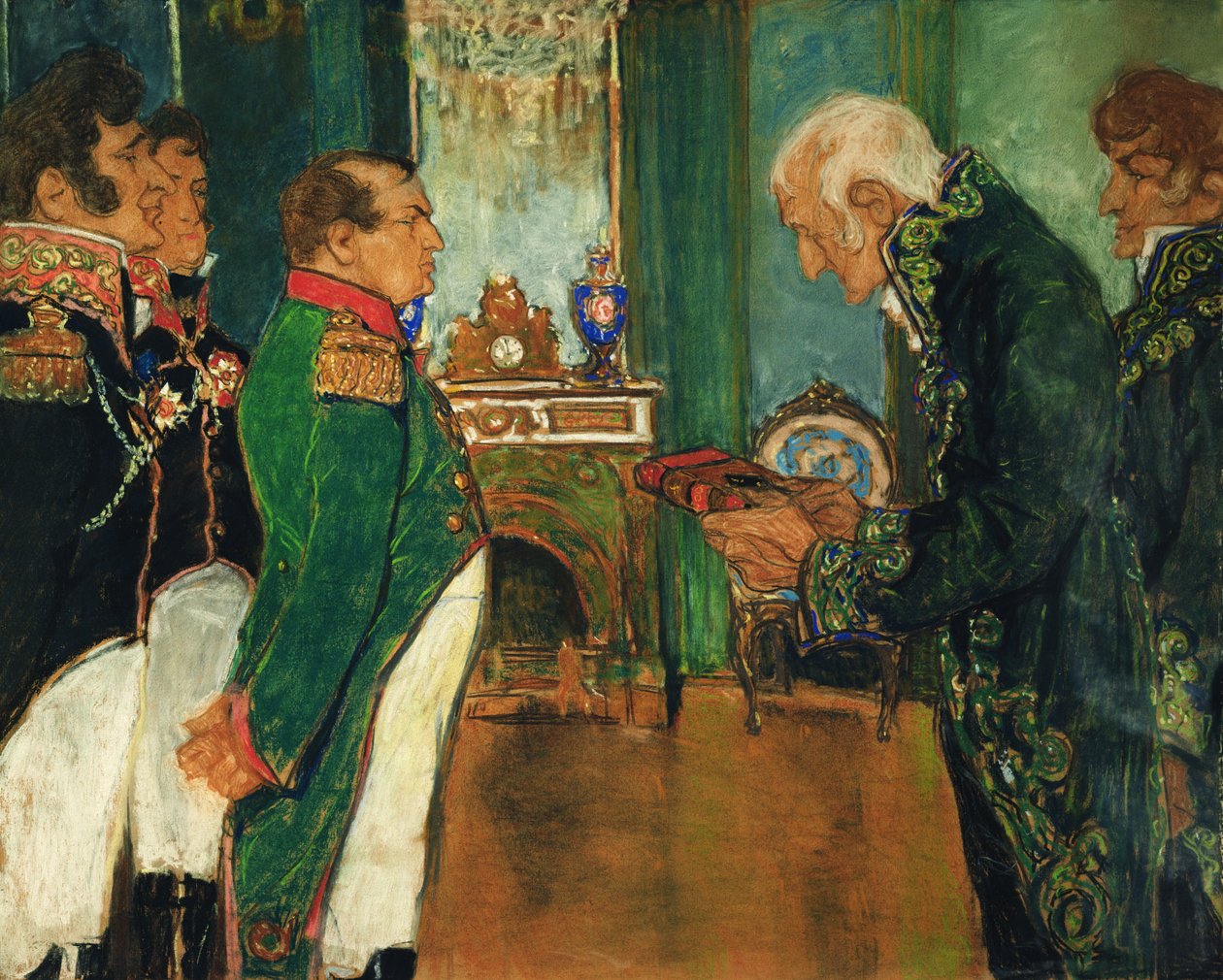 Jean-Baptiste de Lamarck předává císaři Napoleonu Bonapartovi knihu Zoologická filozofie, 1920 pastel na papíře od Mikhail Dmitrievich Ezuchevsky