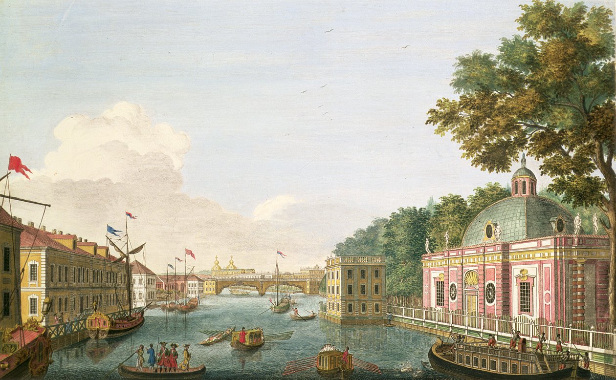 Pohled na Fontanku od jeskyně a Paláce hostů, lept Grigorij Anikievič Kačalov (171112-1759), 1753 (lept s rytinou) od Mikhail Ivanovich Makhaev