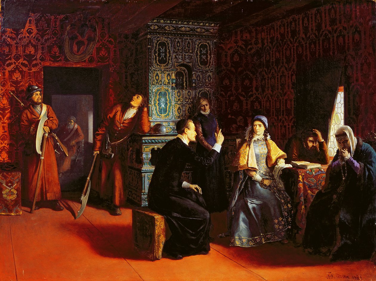 Marina Mniszech zatčena s knězem, 1883 od Mikhail Konstantinovich Klodt