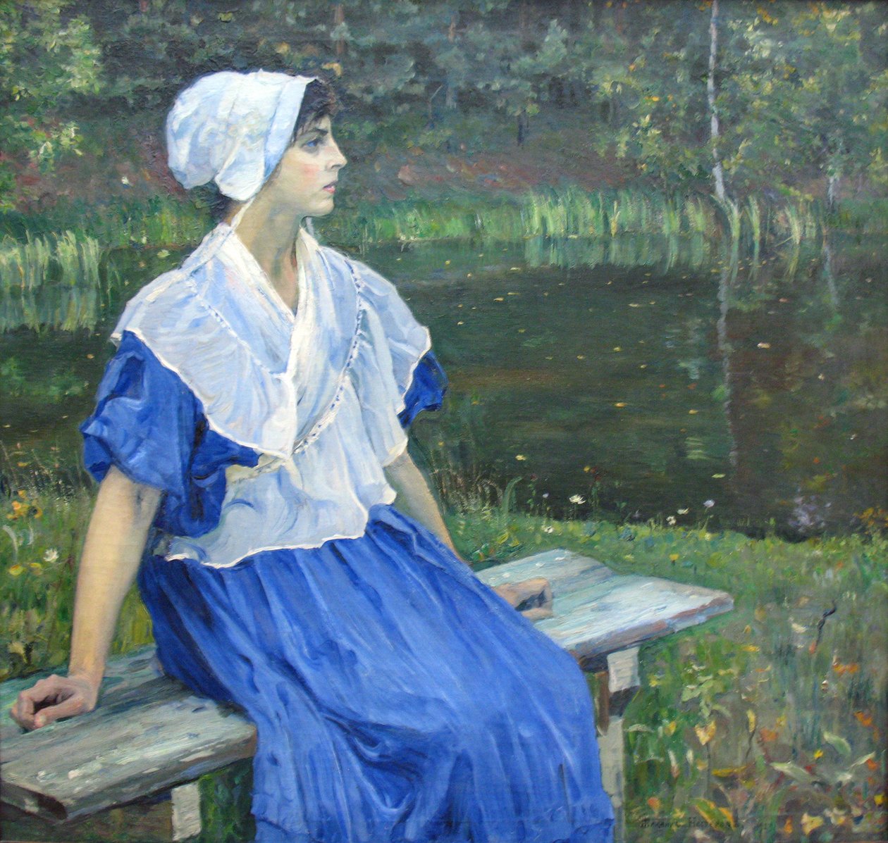 Dívka u rybníka Portrét N.M. Nesterova, 1923n Deutsch: Madchen am Teich Portrét von N.M. Nesterova, 1923n: .., 1923n od Mikhail Vasilievich Nesterov