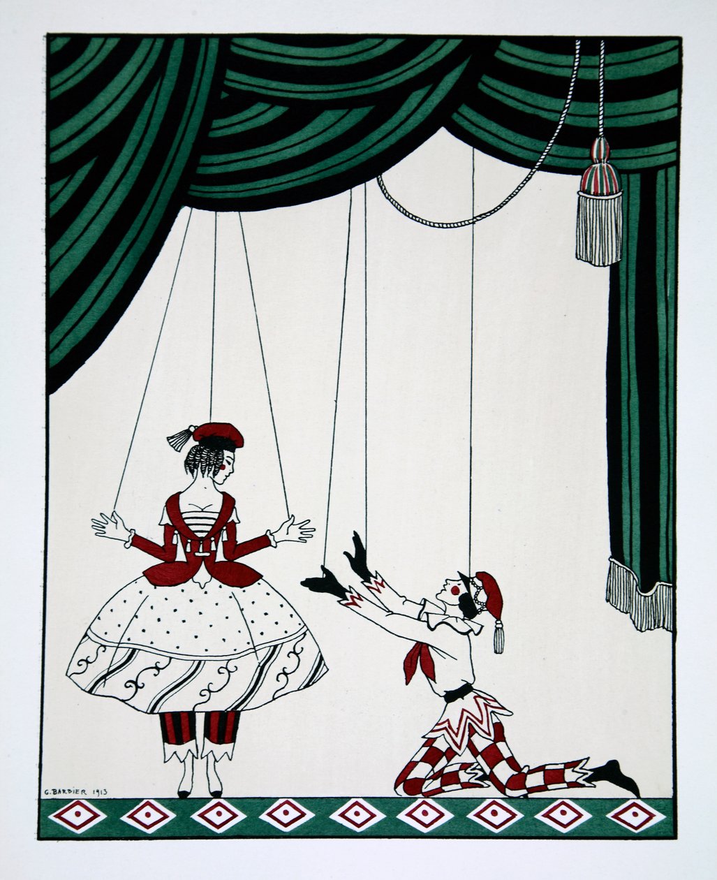 Petrouška, z cyklu Návrhy na tance Václava Nižinského 1889-1950. Georges Barbier 1882-1932, tisk Pochoir od Mikhail Shibanov