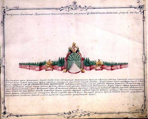 Detail hlavního souboru ohňostrojů v Petrohradě k oslavě narozenin císařovny Alžběty 18. prosince 1741 od Mikhail Vassilievich Danilov