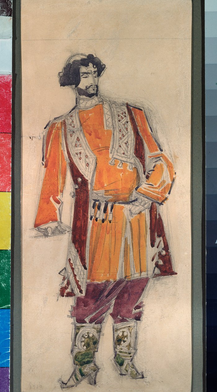 Mužský přípravný kostým pro operu "Carova nevěsta"" od Nicholase (Nikolaje) Rimského Korsakova (Rimského-Korsakova) (1844-1908) (Návrh kostýmu pro operu Carova nevěsta od N Rimského Korsakova (Rimského -Korsakov) - Dílo Michaila Alexandra od Mikhail Aleksandrovich Vrubel