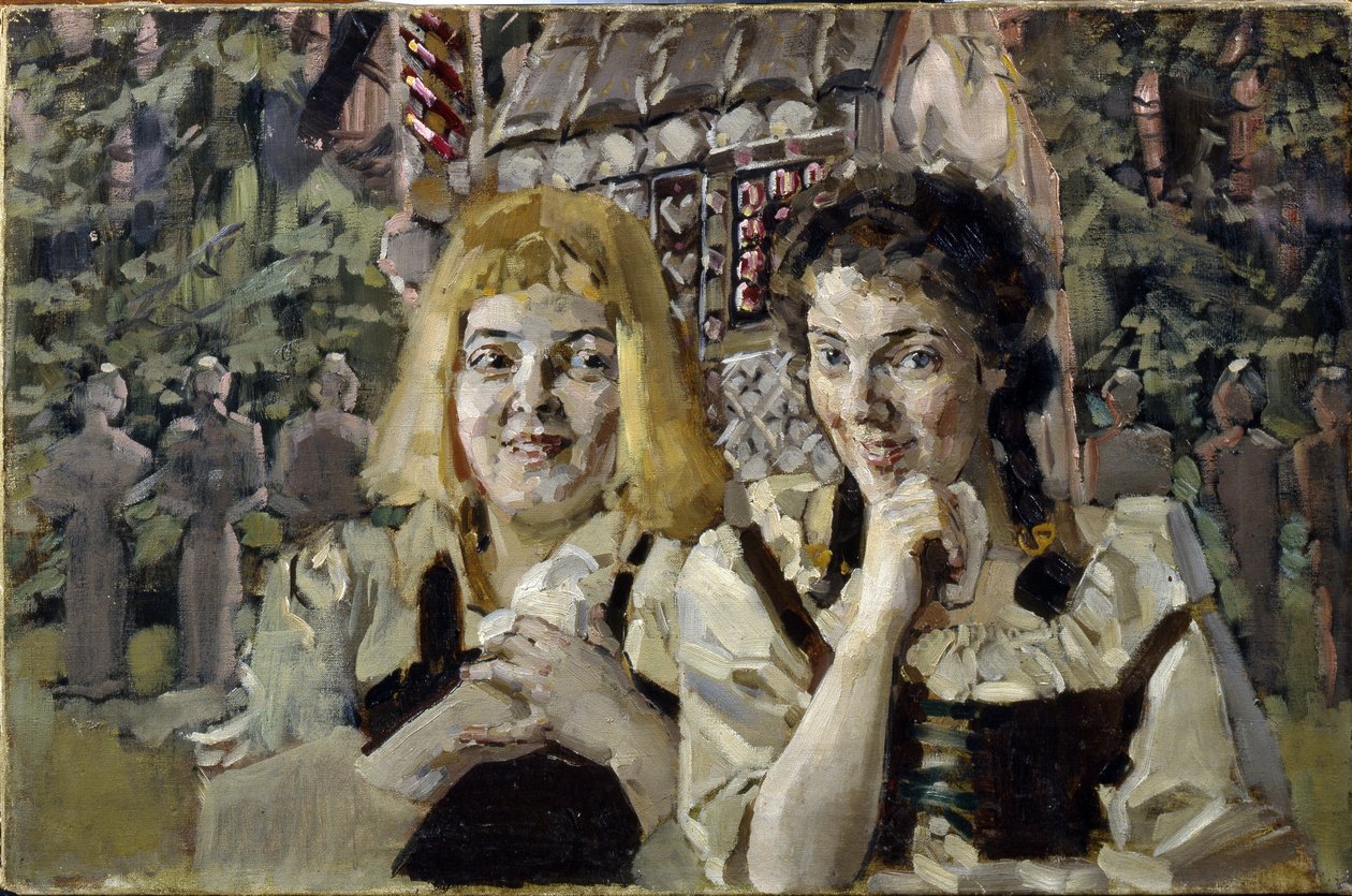 Jeníček a Mařenka (Jíšek a Mařenka). Portréty dvou dětí z pohádky bratrů Jacoba (1785-1863) a Wilhelma (1786-1859) Grimmů s chamtivýma očima před cukrárnou. Obraz Michaila Alexandroviče Vrubela (Vrubel) (1856-1910), olej na od Mikhail Aleksandrovich Vrubel