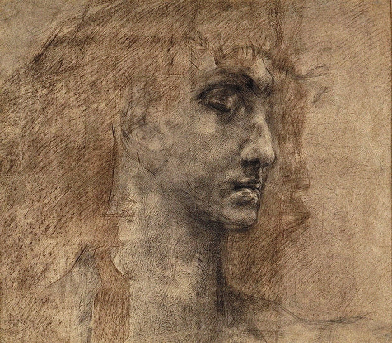 Hlava anděla, 1887 (uhl a červená pastelka na papíře) od Mikhail Aleksandrovich Vrubel