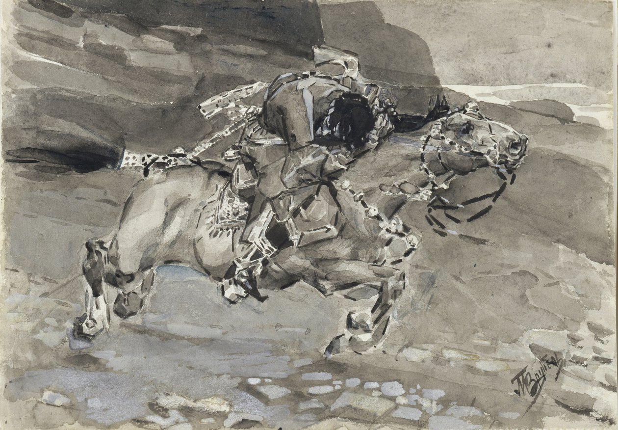 Jezdec. Ilustrace k básni Démon od Michaila Lermontova, 1890-1891 od Mikhail Aleksandrovich Vrubel