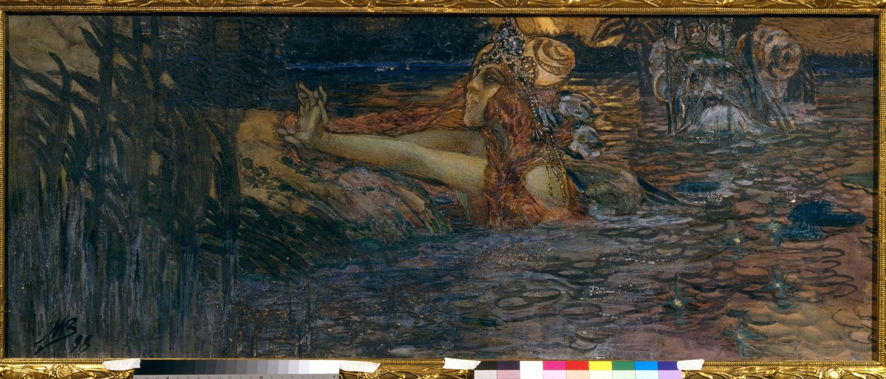 Oddělení mořského krále a princezny Volkhové. Scéna z opery ""Sadko"" Nicolase (Nikolaje) Rimského Korsakova (Rimského-Korsakova) (1844-1908). Dílo Michaila Alexandroviče Vrubela (Vrubel) (1856-1910), kvaš a pastel na papíře od Mikhail Aleksandrovich Vrubel